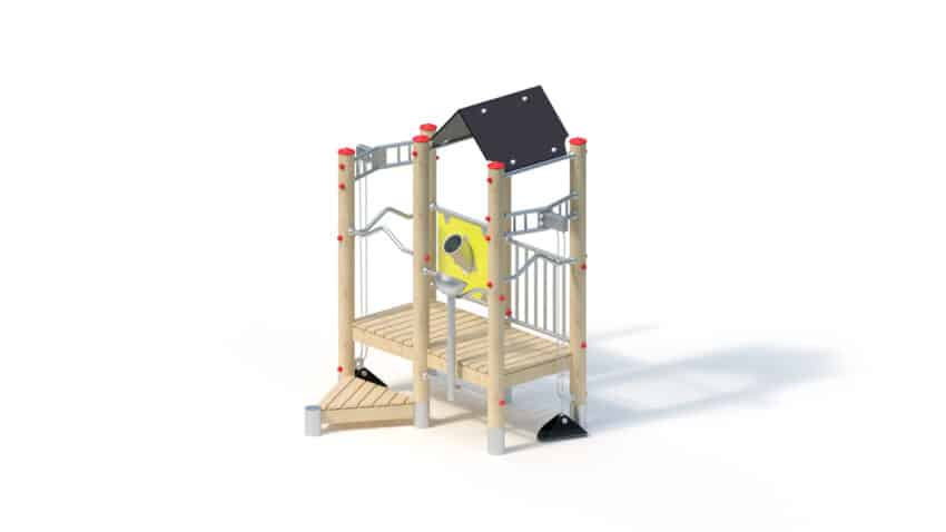 Wooden sand play structure featuring a raised platform, sand hoist, and chute against a white background.