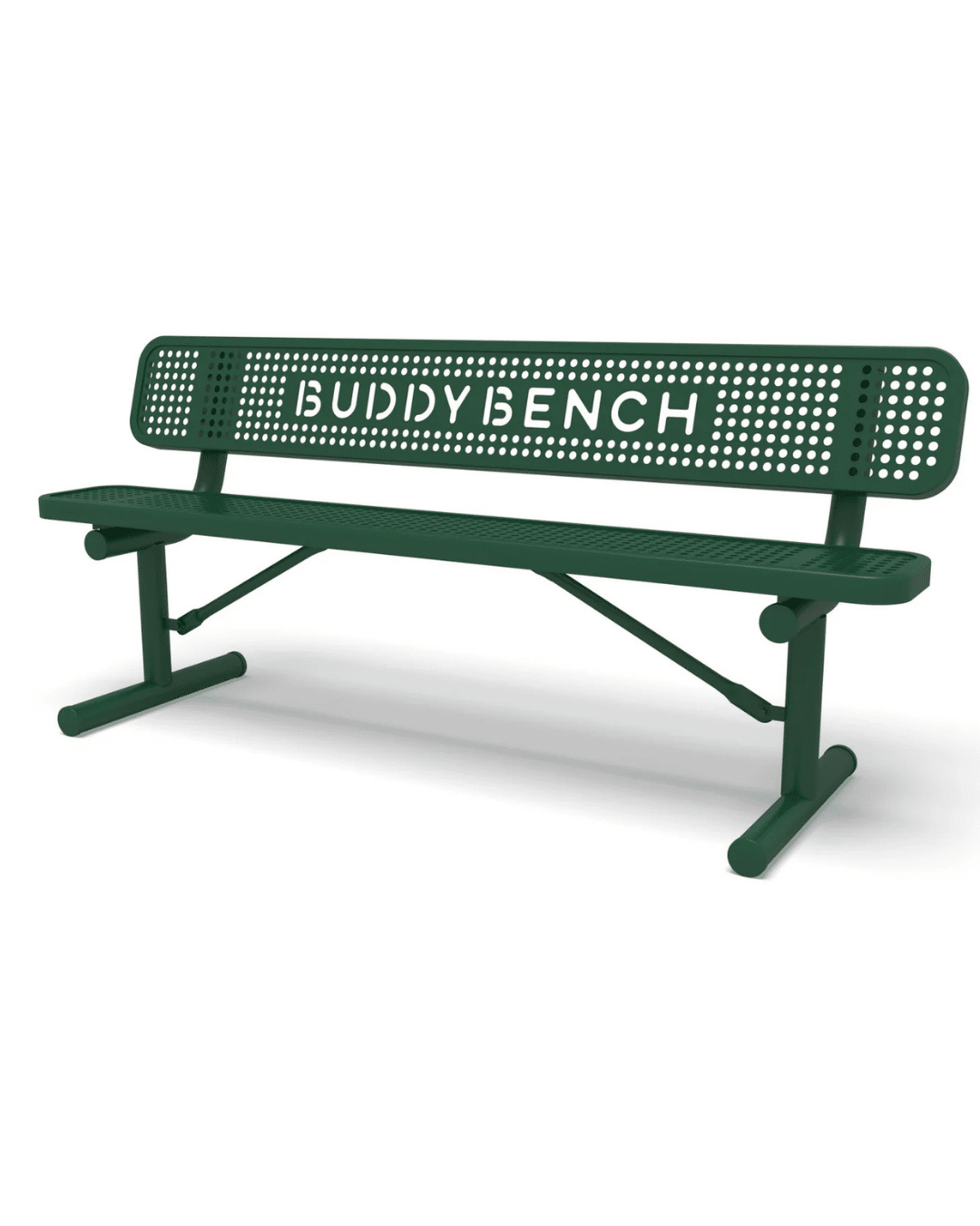 A green metal outdoor bench with a perforated backrest featuring custom laser-cut letters spelling out "BUDDY BENCH".