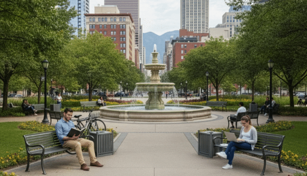 People sit on park benches reading and working on laptops near a central tiered fountain in an urban plaza.