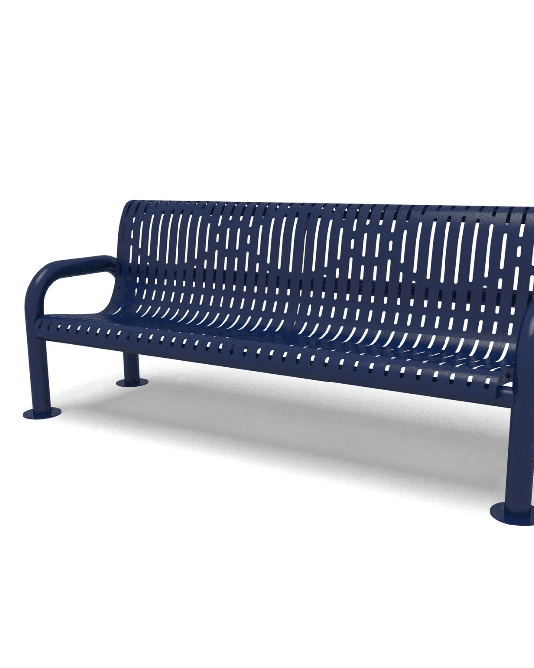 A dark blue metal park bench featuring a contoured, vertically slatted seat and backrest with integrated rounded armrests, isolated on a white background.
